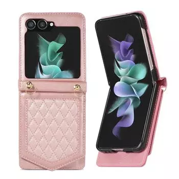 Чехол-книжка из кожи для Samsung Z Flip с держателем для карт, шнурком, зеркалом и защитой от кражи — совместим с Z Flip5, Flip4, Flip3. FLIP 5