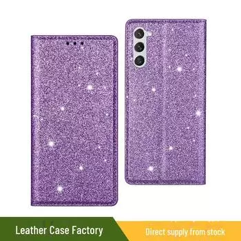 Чехол-книжка из кожи с магнитной подставкой и блестящим однотонным держателем для Samsung S24/S23 — совместим с моделями A54/A14. s21 синий