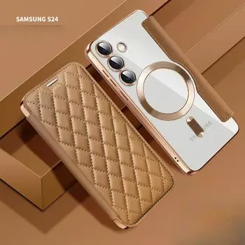 Чехол-книжка из кожи с магнитным покрытием для Samsung S24U/S23Fe/S22 +/A05S с гальваническим покрытием S22 темно-зеленого