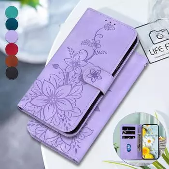 Чехол-книжка из кожи с тиснением Lily Fower для Oppo Reno12 Reno11 A3 Pro A59A79 A38 A78 A58 A98 с подставкой и отделениями для карточек для Oppo Reno8 T Reno7 Oppo AX5S/A12/A11K коричневый