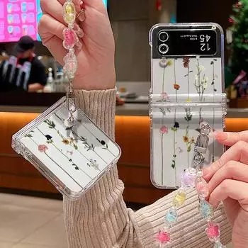 Чехол-книжка из тонкого прозрачного твердого поликарбоната с цветочным принтом для Samsung Galaxy Z Flip6 Flip5 Flip4 Flip3, противоударный, прозрачный, с браслетом Samsung Z Flip6