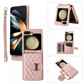 Чехол-кошелек через плечо для телефона Samsung Galaxy Z Flip 5 4 3 Flip5 Flip4 Flip3 Z Fold 5 4 3 5G с кожаным чехлом и подставкой для карт Galaxy Z Flip5 розового золота