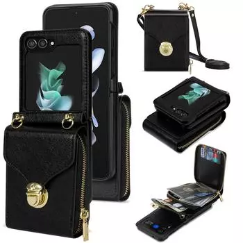 Чехол-кошелек через плечо на молнии для Samsung Z Flip 5 Flip 4 Flip 3, модная металлическая пряжка, плечевой ремень, держатель для карт, карманный чехол для телефона для Z Flip 4 Samsung Z flip 3 красный