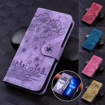 Чехол-кошелек для телефона для Samsung Xiaomi Redmi iPhone Google Sony с тиснением мультяшного кота из искусственной кожи с карманом для карт и откидной крышкой Redmi Note 11S (4G) розы красного