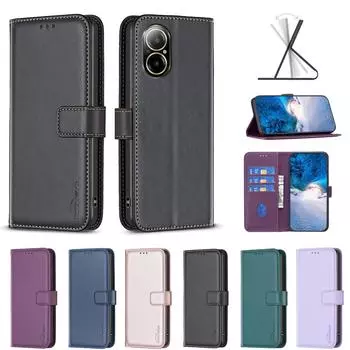 Чехол-кошелек для телефона из искусственной кожи с однотонным узором и отделениями для карт для Oppo Reno12, A79, A58, A78, A96, A16, A54, A74, A94, A72, A3 Pro, Realme 12, Realme 11, Reno5 Z... Oppo A92 чёрный