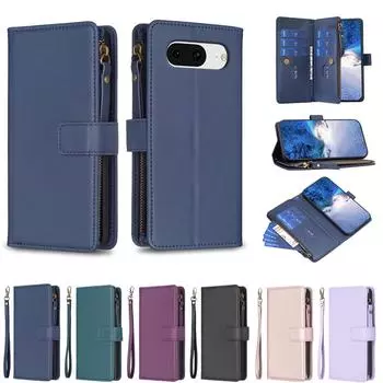 Чехол-кошелек из искусственной кожи с однотонным узором и отделениями для карточек на молнии для Google Pixel 7, Pixel 7a, Pixel 7 Pro, Pixel 8, Pixel 8a, Pixel 8 Pro Google Pixel 8 Pro чёрный