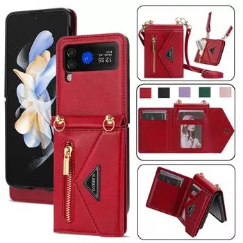 Чехол-кошелек из кожи через плечо для Samsung Galaxy Z Flip 6 5 4 3 5G Flip4 Flip5 с отделением для карт и держателем для ремешка Samsung Z Flip 3 розового золота
