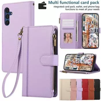 Чехол-кошелек из кожи с магнитной застежкой-молнией для Samsung S24 S23 S22 S21 Ultra Plus A15 A55 A13 A53 A14 A54 iPhone 15 14 13 12 11 Pro Max XR XS MAX 7 8P iPhone 6/6S чёрный