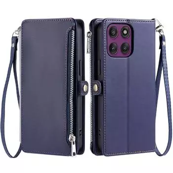 Чехол-кошелек из ТПУ+ПУ кожи для Motorola Moto G56 5G с ремешком на запястье Blue