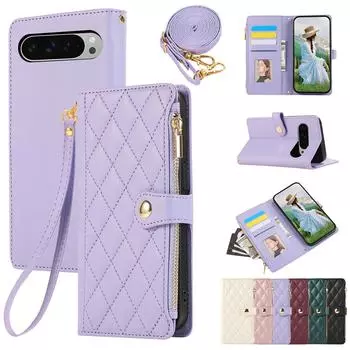 Чехол-кошелек на молнии для карт из кожи Solt для Google Pixel 9 Pro XL 8 8A 7 6, сумка-подставка с ремешком, карманный чехол для книги For Google Pixel 6A бежевый