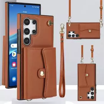 Чехол-кошелек с диагональным ремешком, чехол для телефона Samsung Galaxy S24 S23 S22 Plus Note 20 Ultra S21 FE A13 A52 A53 A14 A54, кожаный чехол с держателем для карт Samsung S9 чёрный