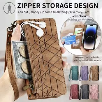 Чехол-кошелек с картой на ремешке на молнии для iPhone 14 Plus 13 Pro 12 11 XS Max XR X SE 2022 8 7 для Samsung Galaxy A54 A34 A14 S23 кожаный откидной чехол iPhone 6 (iPhone 6S) чёрный