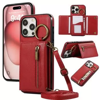 Чехол-кошелек с кольцом через плечо и держателем для карт на молнии для iPhone 15 Pro Max 14 Plus 13 12 11 XS XR 7 8 SE 2020 2022, кожаный чехол iPhone 7(8) бежевый