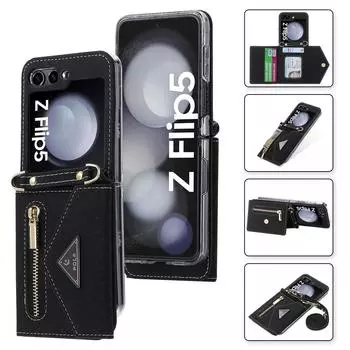 Чехол-кошелек с решетчатой молнией для телефона Samsung Galaxy Z Flip 5 Flip 4 Flip3, подвесная веревка, вставка для нескольких карт, складной кожаный кошелек для Z Flip 5 4 3 Samsung Z flip 3 розы красного