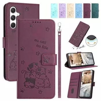 Чехол-кошелек с тиснением в виде кошки для Samsung A12 A13 A14 A15, откидная крышка с отделениями для карт для Galaxy A35 A55 A34 A54 A33 A53 A52 Samsung Note 8 вино красного