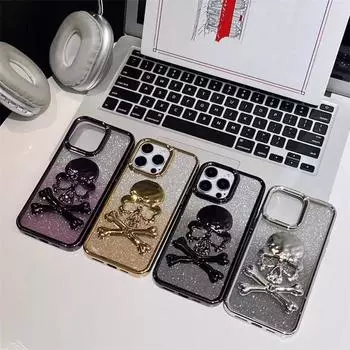Чехол-кронштейн с 3D-принтом «Череп Призрачное лицо» для iPhone 16, 15, 14, 13, 12, 11 Pro Max, блестящий, противоударный, с покрытием, подставка-держатель iPhone 16 Pro Max чёрный