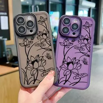 Чехол Line Lotus Pattern с защитой от линз для iPhone 16 Pro 15 14 Plus 13 12 Pro Max 11, тонкий, ударопрочный, силиконовый, мягкий, прозрачный iPhone 16 чёрный