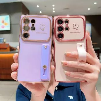 Чехол Love Heart Electroplate Wave Frame с полосой-кронштейном для Samsung S24 S22 Ultra Plus S23 Fe A55 A54 A35 A34 A16 A15 A14 Защитная крышка объектива Samsung S25 чёрный