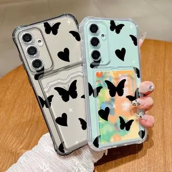 Чехол Love Hearts Butterfly Print Clear Card Slot для Samsung S24 FE S23 Ultra S22 A16 A55 A54 A35 A15, противоударный, мягкий, силиконовый, защитный чехол для телефона Samsung S24 серый