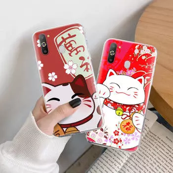 Чехол Lucky Cat TPU для iPhone XR 7 8 14 15 11 12 13 X XS Pro Max Xiaomi Redmi 13C Note 9 Samsung A22 S23 S24 Ultra Plus VIVO iPhone 12 Mini кожа буйвола