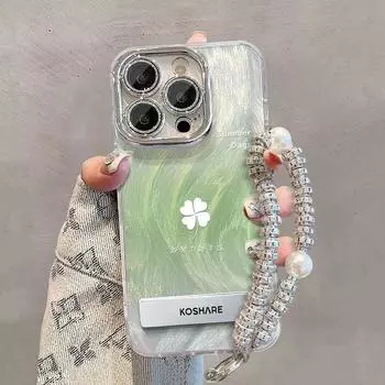 Чехол Lucky Four-Leaf Clover для iPhone 15 Pro Max 14 13 12 11 Xs - с держателем для телефона и браслетом Универсальный чехол для телефона с перьями на iPhone iPhone 15