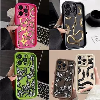 Чехол LZ5 Butterfly Black Gold Snake Silicone для iPhone 11 13 14 15 16 Pro Max 7 8 16 Plus 12 mini XS Max XR, противоударный, задняя крышка for iPhone 5/5s
