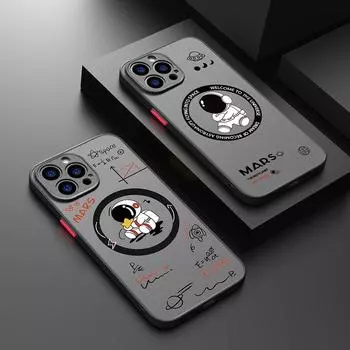 Чехол Magsafe Astronaut для iPhone 15 14 Pro Max 13 12 Mini 11 8 7, защита объектива, матовый корпус, Samsung S24 Ultra S23 + S20 FE, чехол iPhone 14 чёрный/красный