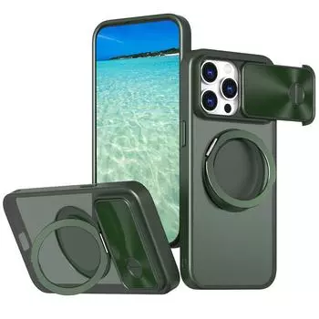 Чехол Magsafe для iPhone 15 14 13 12 Pro Max XR 11 15 14 Plus Slide Camera Ring Holder Stand Silicone Protection Hard Phone Cover iPhone 15 темно-зеленого