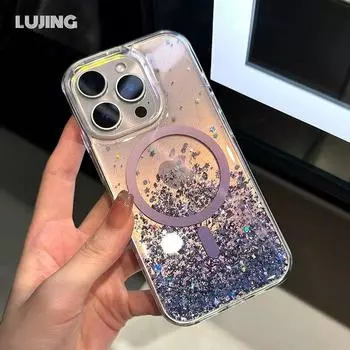 Чехол Magsafe для iPhone 16 Plus, роскошный блестящий градиентный пудровый блестящий чехол со снежинками, магнитный чехол для беспроводной зарядки iPhone 14, 15 Pro Max, милый чехол For iPhone 14 фиолетовый