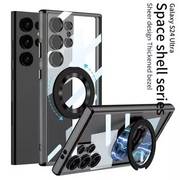 Чехол Magsafe для Samsung Galaxy S24 Ultra Plus, прозрачный магнитный вращающийся кронштейн с беспроводной зарядкой, противоударный жесткий чехол for Galaxy S24 Ultra