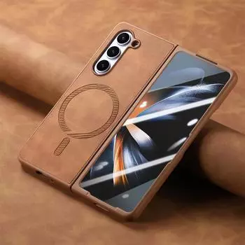 Чехол Magsafe для Samsung Galaxy Z Fold 6 5 4 Матовый кожаный чехол для телефона с беспроводной зарядкой для Samsung Z Fold6 Fold5 Fold4 Galaxy Z Fold 6 коричневый