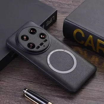 Чехол Magsafe из искусственной кожи для Xiaomi 14, ультрамагнитный противоударный чехол с беспроводной зарядкой для Xiaomi 14, 14Pro, 14Ultra For Xiaomi 14 Ultra чёрный