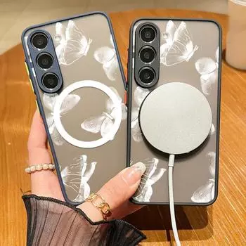 Чехол Magsafe Magnetic Clear Phone Case для Samsung S24 S22 Ultra Plus S23 S21 S20 Fe A55 A54 A53 A52 A35 A34 A15 с мягкими краями и твердой обложкой Samsung S24 чёрный