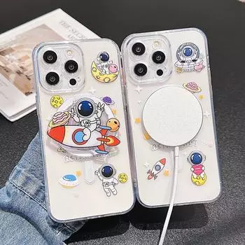 Чехол Magsafe с милым мультяшным рисунком, чехол для телефона с беспроводной зарядкой для iPhone 15 14 Pro 13 Pro Max 12 11, прозрачные магнитные чехлы для iPhone15 iPhone 15 Pro Max