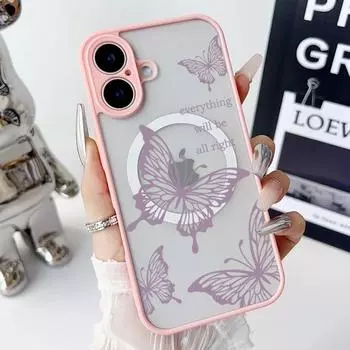 Чехол MagSafe с принтом фиолетовой бабочки для магнитного телефона iPhone 16 Pro Max 15 14 Plus 13 12 Pro 11 с мягким краем, противоударный, прозрачный матовый акриловый чехол iPhone 16 чёрный