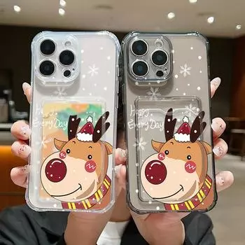 Чехол Merry Christmas Elk Print Clear Card Slot для iPhone 16 Pro Max 15 Pro 14 13 12 11, прозрачный, мягкий, силиконовый, противоударный, защитный чехол для телефона iPhone 16 серый