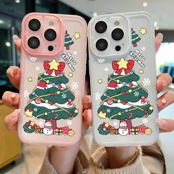 Чехол Merry Christmas Gift Tree Print для iPhone 16 Plus 15 Pro Max 14 Pro 13 12 11, мягкий противоударный силиконовый чехол для телефона с защитой объектива iPhone 16 чёрный