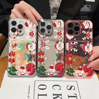 Чехол Merry Christmas Santa Print Clear Card Slot для iPhone 16 Pro Max 15 Pro 14 13 12 11, ударопрочный, мягкий, силиконовый, тонкий, прозрачный, чехол для телефона iPhone 16 серый