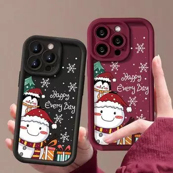 Чехол Merry Christmas Snowman Print для iPhone 16 Pro Max 15 14 13 Pro 12 11 XR XS 8 7 с рисунком пингвина, мягкий противоударный защитный бампер из ТПУ iPhone 15 чёрный