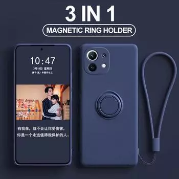 Чехол Mi 11 Mi11 Lite Pro Ultra, жидкий силиконовый магнитный чехол-подставка с кольцом, мягкий чехол для Xiaomi Mi 11 Mi11 Lite Mi11lite 5G Pro Ultra Mi 11 чёрный