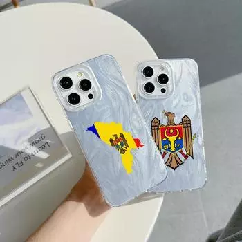 Чехол N119 с изображением государственного герба Молдовы с прозрачной рамкой для Samsung S25 Ultra A55 iPhone 16 15 Pro Max Redmi Note 13 с текстурой перьевого шифона и серебряным покрытием for iPhone 6/6s