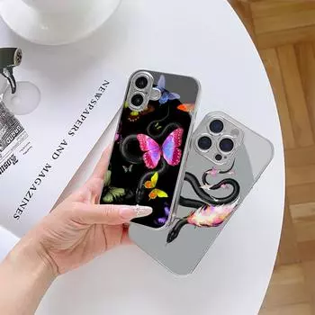 Чехол N144 butterfly Black Gold Snake для iPhone 16 15 Pro Max Samsung S24 S23 A54 A35 Xiaomi Redmi Note 13 Pro с покрытием из закаленного стекла for iPhone 6/6S