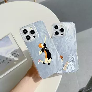 Чехол N69 Anime Haikyuu X Reader art с прозрачной рамкой для Samsung S25 A05 iPhone 16 Pro Max Xiaomi Redmi Note 13 с текстурой перьев из шифона и серебряным покрытием for iPhone 6/6s