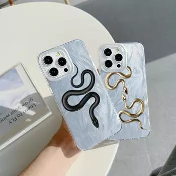 Чехол N71 Black Gold Snake Clear Frame для Samsung S25 Ultra A05s iPhone 16 13 Pro Max Xiaomi Redmi Note 13 с перьями и шифоновой текстурой, посеребренный чехол for iPhone 6/6s