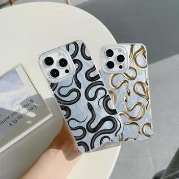 Чехол N72 Black Gold Snake art Clear Frame для Samsung S25 Ultra iPhone 16 13 Pro Max Xiaomi Redmi Note 13 с текстурой перьев из шифона и серебряным покрытием for iPhone 6/6s