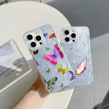 Чехол N76 Butterfly Clear Frame для Samsung S25 Ultra A55 A05s iPhone 16 13 Pro Max XR Xiaomi Redmi Note 13 с текстурой перьев из шифона и серебряным покрытием for iPhone 6/6s