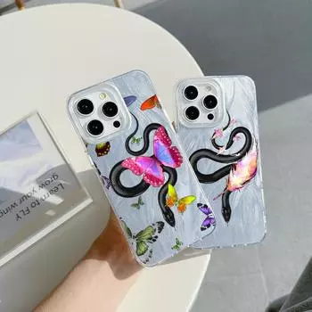 Чехол N77 butterfly Black Gold Snake Clear Frame для Samsung S25 Ultra A55 iPhone 16 Pro Max Redmi Note 13 с текстурой перьев из шифона и серебряным покрытием for iPhone 6/6s