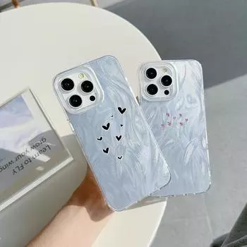 Чехол N83 Heart and Leaf Art с прозрачной рамкой для Samsung S25 Ultra A55 iPhone 16 Pro Max XR Xiaomi Redmi Note13 с текстурой перьев из шифона и серебряным покрытием for iPhone 6/6s