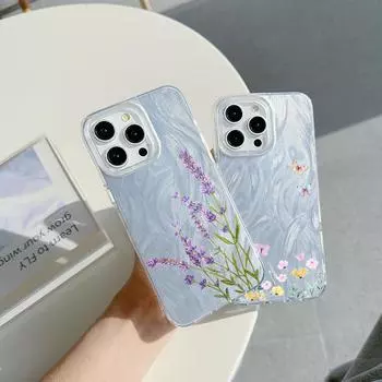 Чехол N86 Little Fresh Flower Butterfly с прозрачной рамкой для Samsung S25 iPhone 16 Pro Max Xiaomi Redmi Note 13 с текстурой перьев из шифона и серебряным покрытием for iPhone 6/6s