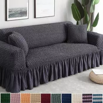 Чехол на диван из жатого хлопка с рюшами для гостиной, толстые эластичные однотонные эластичные чехлы для дивана, чехлы для диванов на 1/2/3/4 места, 15 цветов Single person 90-140cm белый/синий